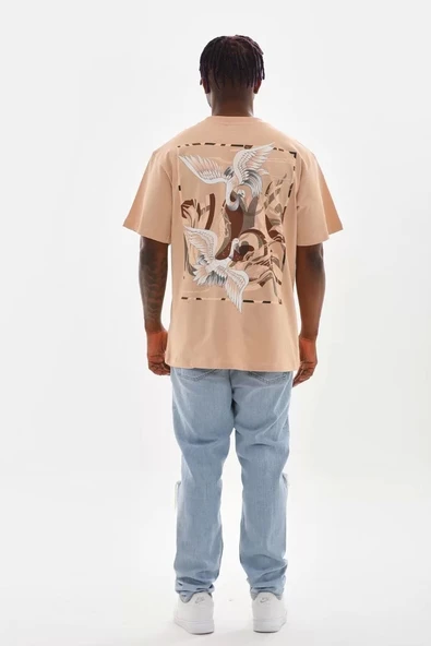 Unisex Baskılı Oversize T-Shirt - Bej - Resim 2