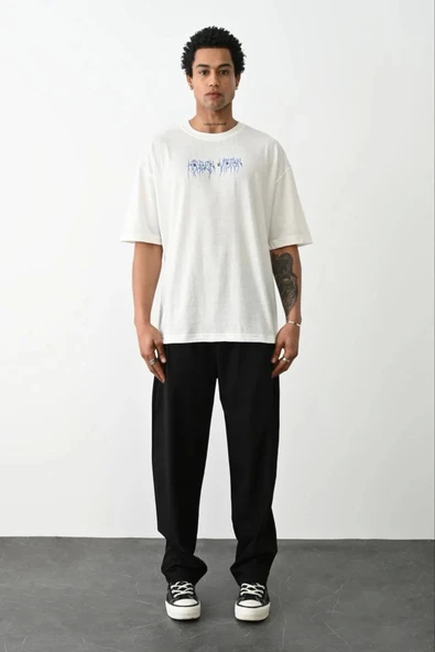 Unisex Baskılı Oversize T-Shirt - Beyaz - Resim 3