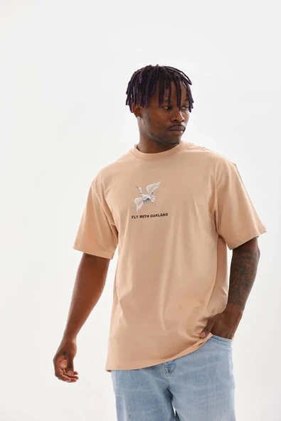 Unisex Baskılı Oversize T-Shirt - Bej - Resim 5