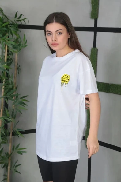 Unisex Bisiklet Yaka Baskılı Oversize T-Shirt - Beyaz - Resim 2