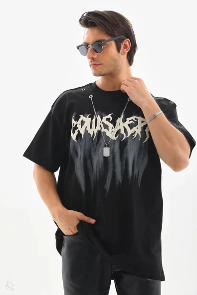 Unisex Oversize Kolye Dahil T-Shirt - Siyah - 4