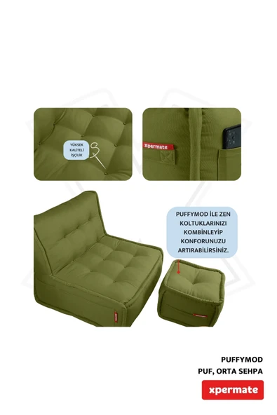 XPERMATE PuffyMod Dekoratif Kare Puf Orta Sehpa Ayak Uzatma Puf 40x40 cm Yeşil - Resim 4