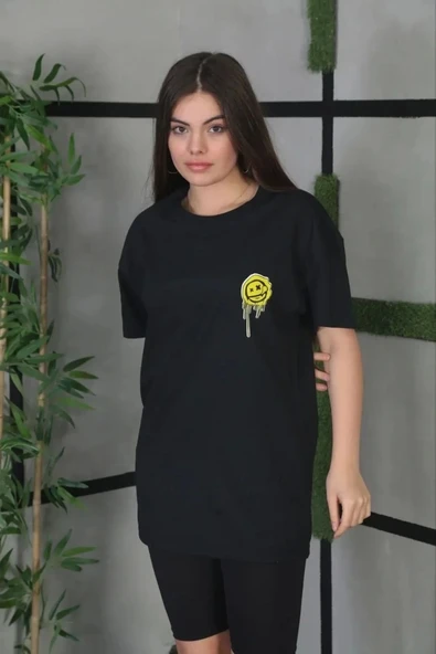 Unisex Bisiklet Yaka Baskılı Oversize T-Shirt - Siyah ürün görseli 1