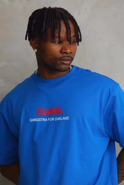 Unisex Baskılı Oversize T-Shirt - Mavi - Resim 3