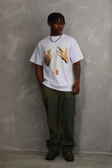 Unisex Baskılı Oversize T-Shirt - Beyaz - Resim 3