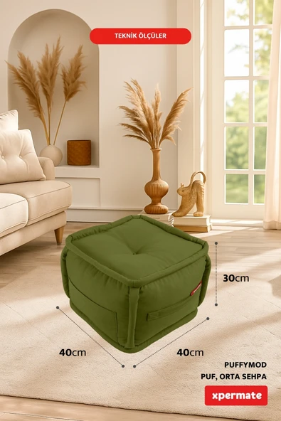 XPERMATE PuffyMod Dekoratif Kare Puf Orta Sehpa Ayak Uzatma Puf 40x40 cm Yeşil - Resim 2