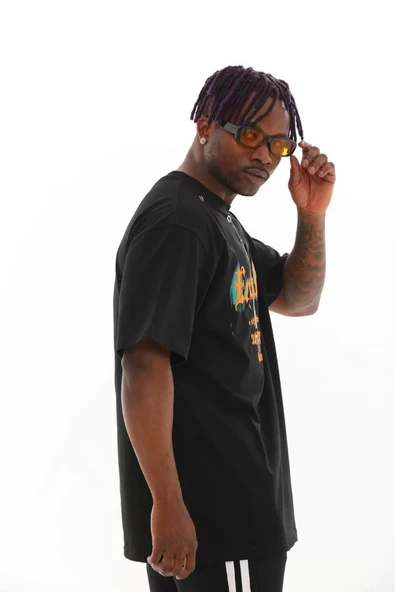 Unisex Oversize Kolye Dahil T-Shirt - Siyah - 5