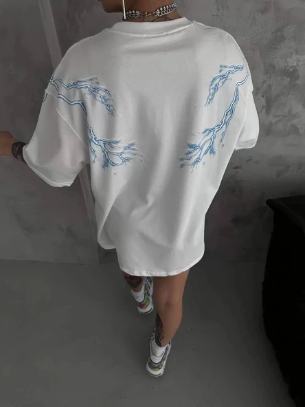 Unisex Bisiklet Yaka Baskılı Oversize T-Shirt - Beyaz - Resim 3