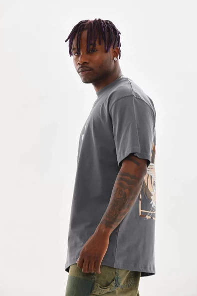 Unisex Baskılı Oversize T-Shirt - Füme - Resim 5