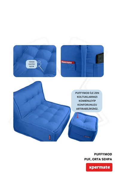 XPERMATE PuffyMod Dekoratif Kare Puf Orta Sehpa Ayak Uzatma Puf 40x40 cm Mavi - 4