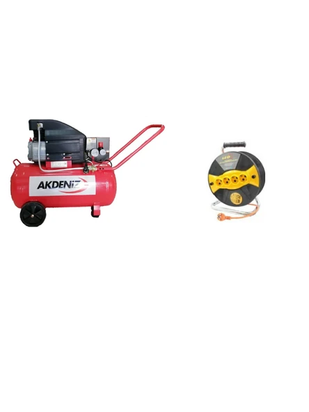 Akdeniz 2 HP 50 LT Hava Kompresörü 8 Bar+Leo 3x1,5 20 mt Seyyar - 1