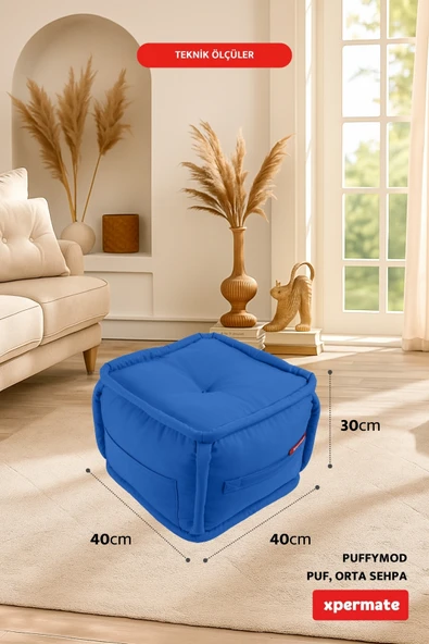 XPERMATE PuffyMod Dekoratif Kare Puf Orta Sehpa Ayak Uzatma Puf 40x40 cm Mavi - 2