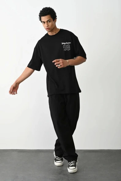 Unisex Baskılı Oversize T-Shirt - Siyah - Resim 3