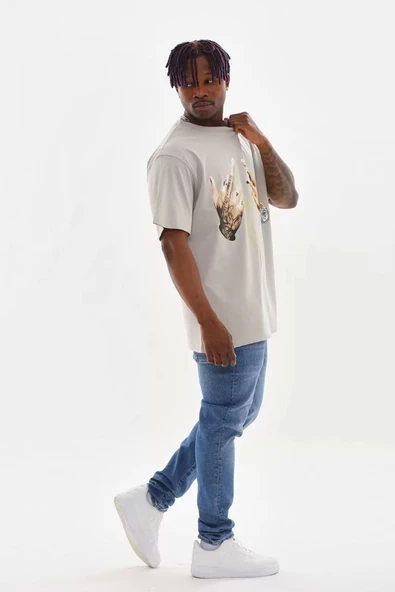 Unisex Baskılı Oversize T-Shirt - Gri - Resim 6