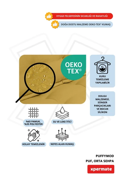 XPERMATE PuffyMod Dekoratif Kare Puf Orta Sehpa Ayak Uzatma Puf 40x40 cm Hardal - Resim 3