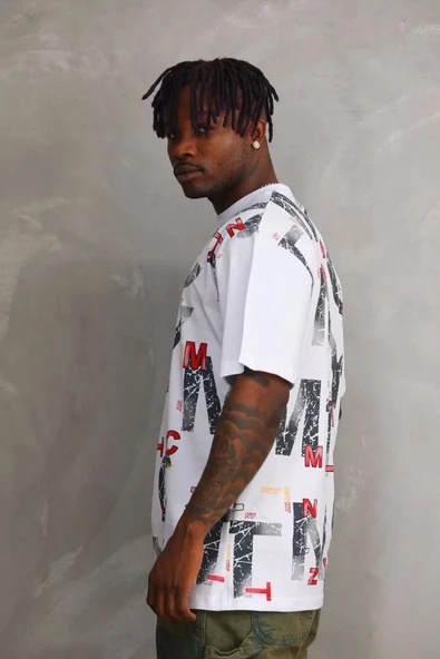 Unisex Baskılı Oversize T-Shirt - Beyaz - Resim 4