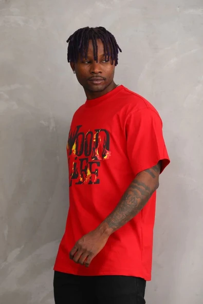 Unisex Baskılı Oversize T-Shirt - Kırmızı - Resim 4