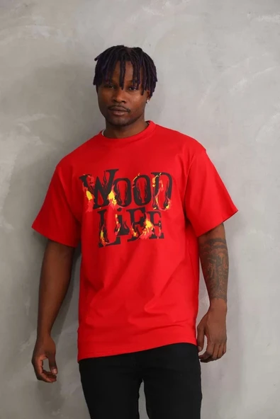 Unisex Baskılı Oversize T-Shirt - Kırmızı ürün görseli