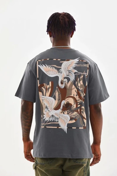 Unisex Baskılı Oversize T-Shirt - Füme - Resim 2