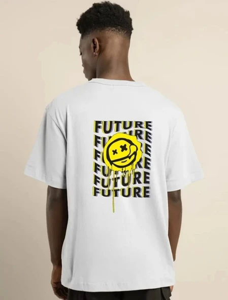 Unisex Bisiklet Yaka Baskılı Oversize T-Shirt - Beyaz - Resim 3