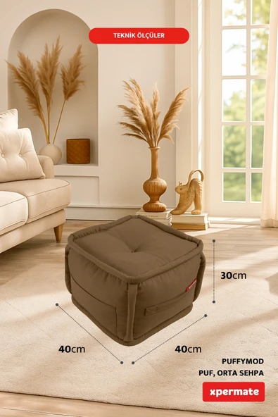 XPERMATE PuffyMod Dekoratif Kare Puf Orta Sehpa Ayak Uzatma Puf 40x40 cm Kahverengi - Resim 2