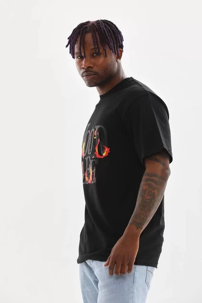 Unisex Baskılı Oversize T-Shirt - Siyah - Resim 7