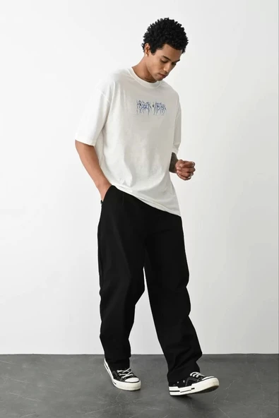 Unisex Baskılı Oversize T-Shirt - Beyaz - Resim 5