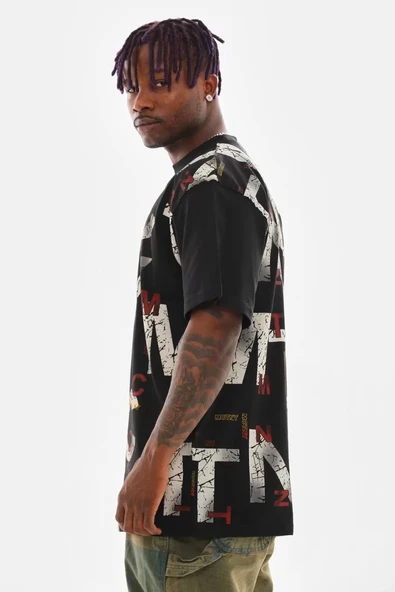 Unisex Baskılı Oversize T-Shirt - Siyah - Resim 5