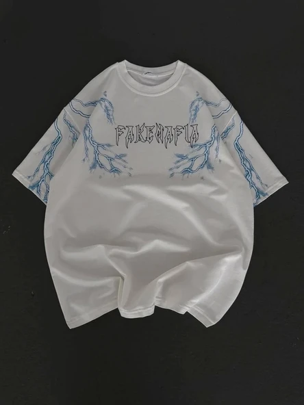 Unisex Bisiklet Yaka Baskılı Oversize T-Shirt - Beyaz - Resim 4