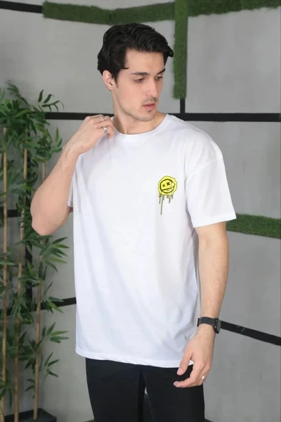 Unisex Bisiklet Yaka Baskılı Oversize T-Shirt - Beyaz - Resim 2