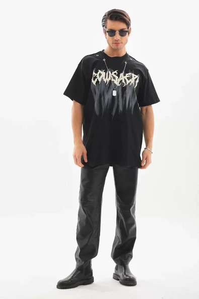 Unisex Oversize Kolye Dahil T-Shirt - Siyah - 5