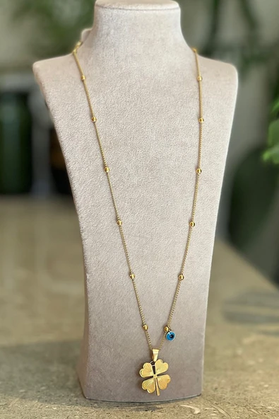 Altın Renk 4 Yapraklı Yonca Uzun Arpa Kolye - 2