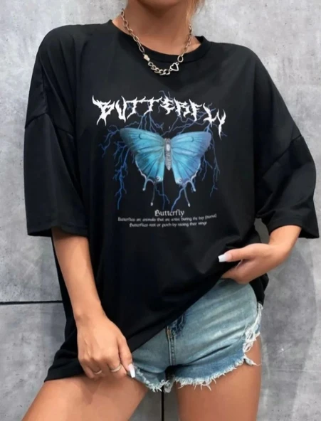 Unisex Baskılı Oversize T-Shirt - Siyah - Resim 5