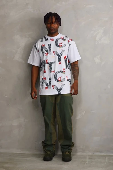 Unisex Baskılı Oversize T-Shirt - Beyaz - Resim 5