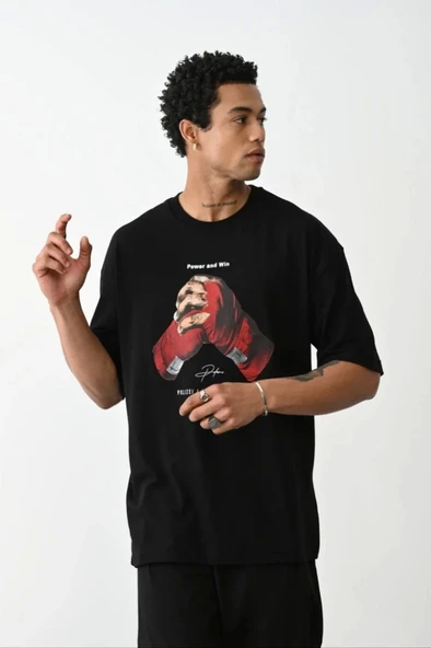 Unisex Baskılı Oversize T-Shirt - Siyah - 2