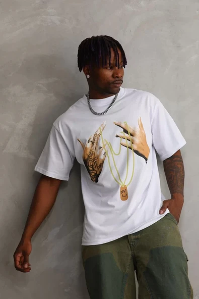 Unisex Baskılı Oversize T-Shirt - Beyaz - Resim 5