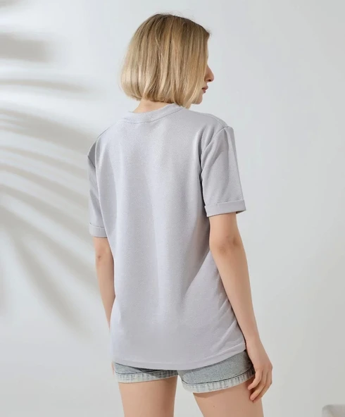 Unisex Bisiklet Yaka Baskılı Slim Fit T-Shirt - Boyalı Gri - Resim 6