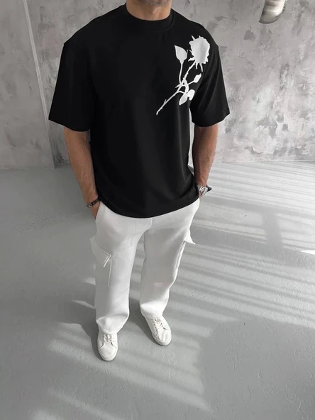 Unisex Bisiklet Yaka Baskılı Oversize T-Shirt - Siyah ürün görseli 1