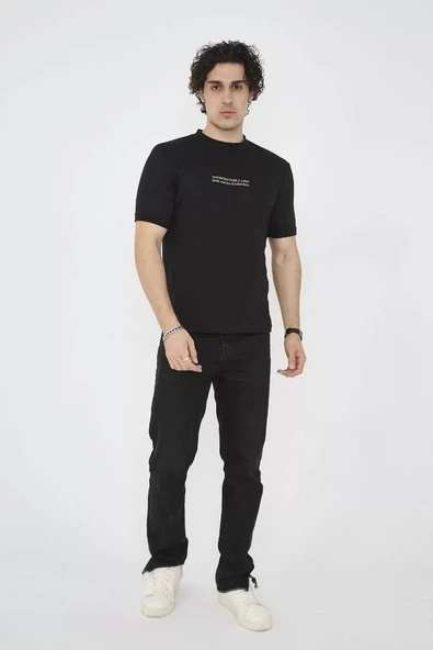 Unisex Bisiklet Yaka Slim fit T-Shirt- Siyah - Resim 5