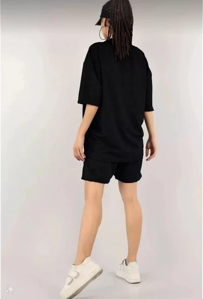 Kadın Unisex Nakış İşlemeli Şort Takım - Siyah - Resim 4