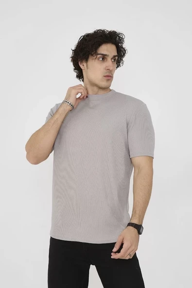 Unisex Bisiklet Yaka Slim fit T-Shirt- Taş - Resim 5