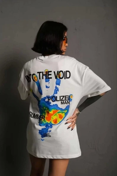 Unisex Bisiklet Yaka Baskılı Oversize T-Shirt - Beyaz - Resim 2