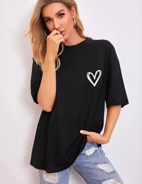 Kadın Bisiklet Yaka Baskılı Oversize T-Shirt - Siyah - Resim 3