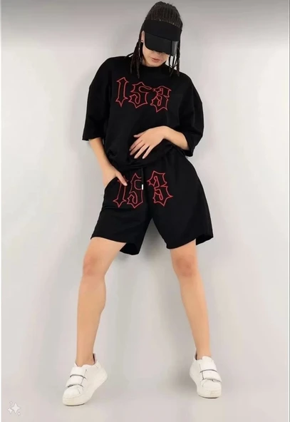 Kadın Unisex Nakış İşlemeli Şort Takım - Siyah - Resim 2