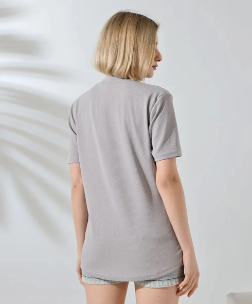 Unisex Bisiklet Yaka Baskılı Slim Fit T-Shirt - Boyalı Gri - Resim 7