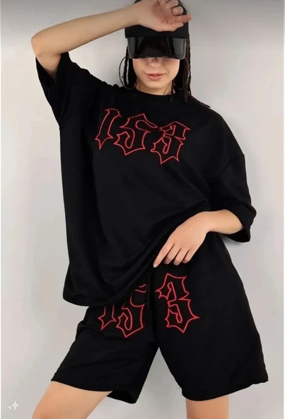 Kadın Unisex Nakış İşlemeli Şort Takım - Siyah ürün görseli 1