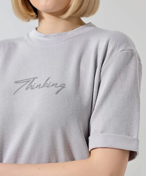 Unisex Bisiklet Yaka Baskılı Slim Fit T-Shirt - Boyalı Gri - Resim 4