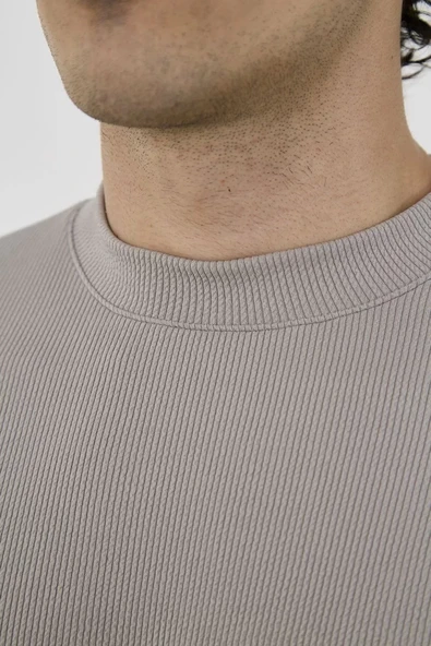 Unisex Bisiklet Yaka Slim fit T-Shirt- Taş - Resim 6