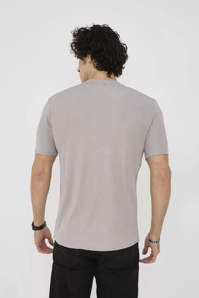 Unisex Bisiklet Yaka Slim fit T-Shirt- Taş - Resim 7