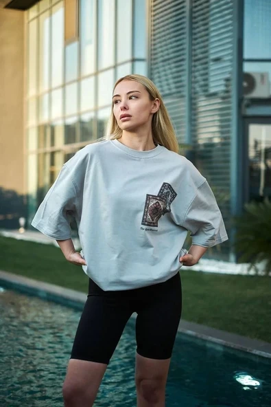 Unisex Bisiklet Yaka Baskılı Oversize T-Shirt - Boyalı Gri ürün görseli 1